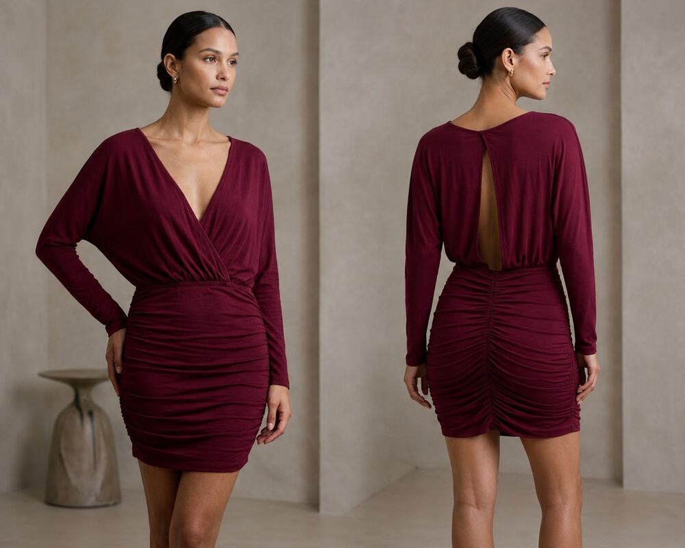Fraiche by J Plum Burgundy Open Back Ruched Batwing Mini Dress XS Nordstrom